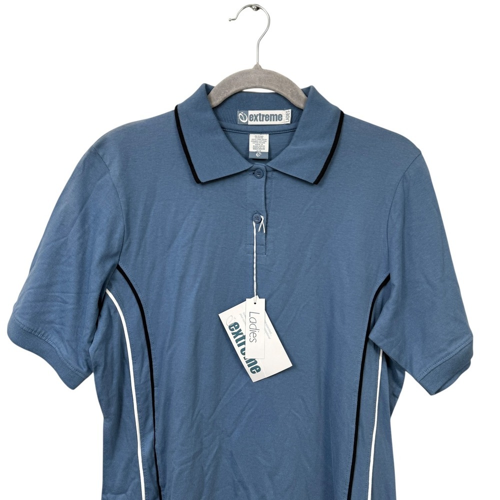 NWT extreme Ladies Blue Polo Shirt M Short Sleeve Combed Cotton Collared Top - Picture 2 of 6